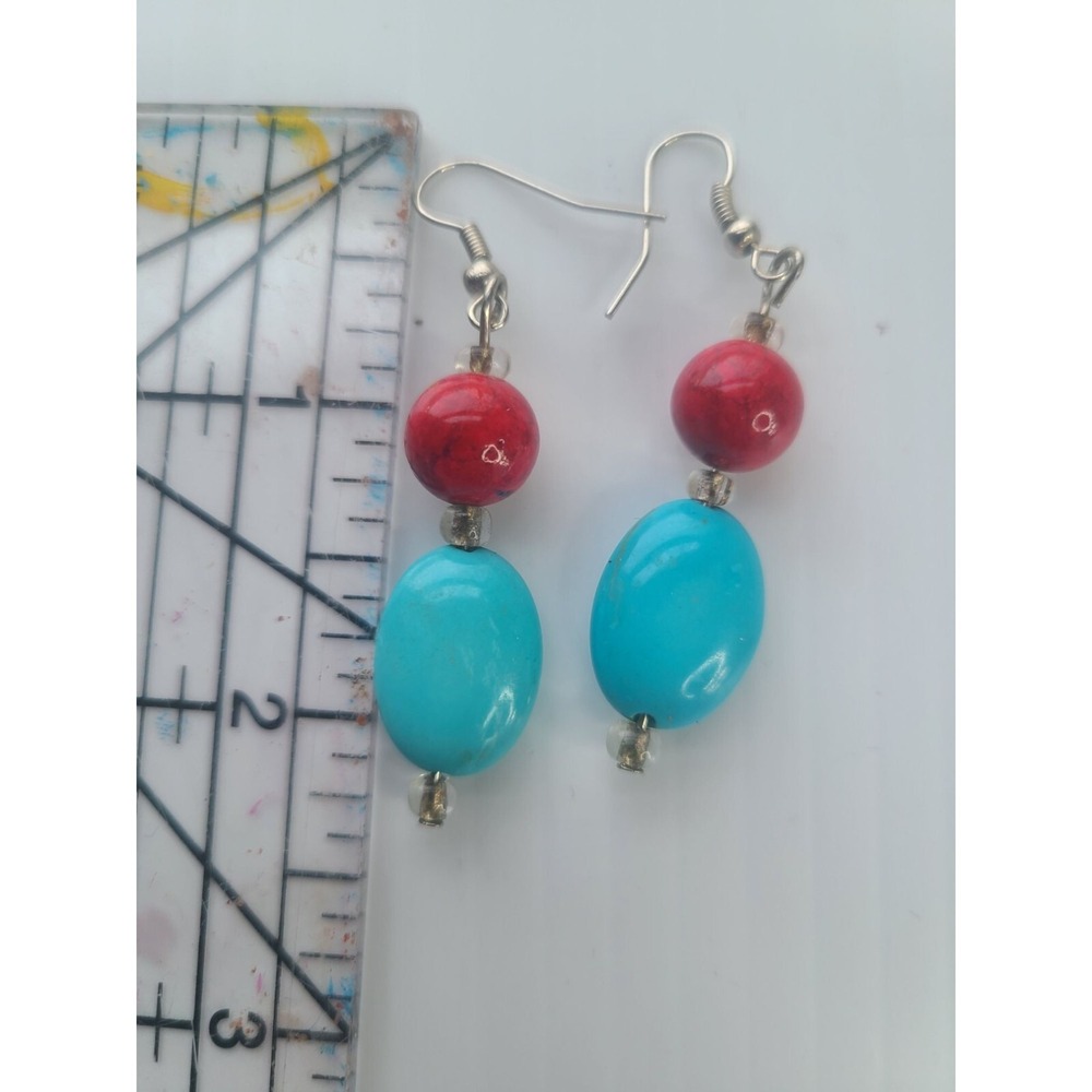 Faux Turquoise  Coral Dangle Earrings Beaded Hook - Picture 3 of 3